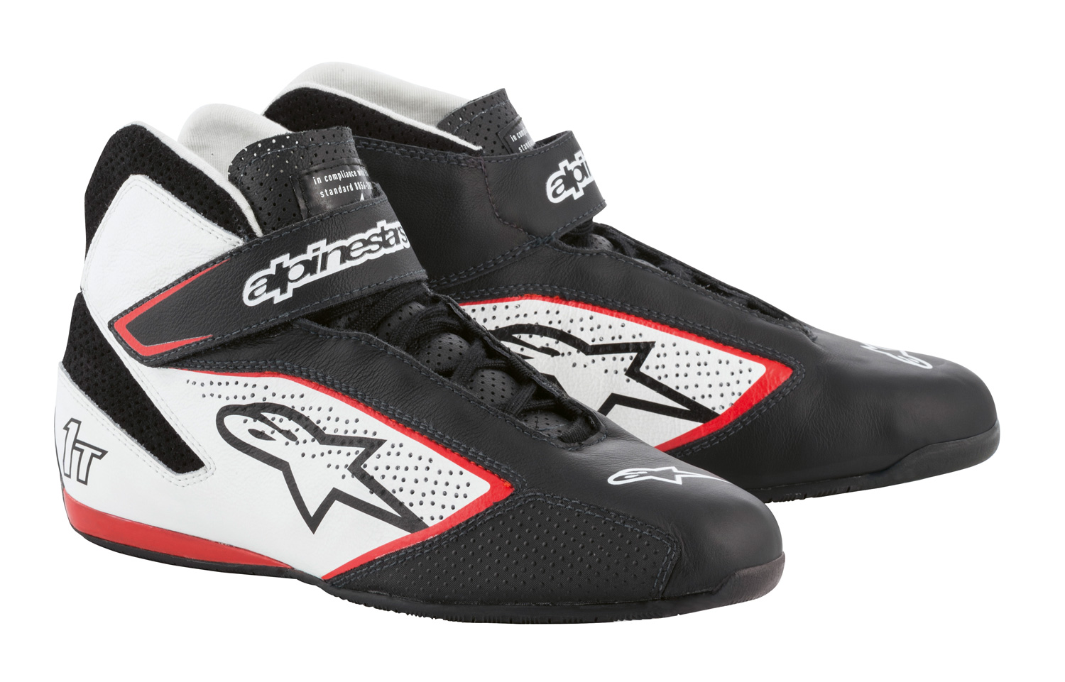 alpinestars-fahrerschuh-tech-1t-schwarz-weiss-rot Alpinestars Fahrerschuh TECH 1T, schwarz/weiß/rot